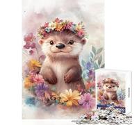 Puzzle 1000 pièces pour Adultes Loutre Mignonne avec Couronne de Fleurs Jeu Pratique Améliore la mémoire Jouet Anti-Stress Interaction Parent-Enfant (26x38cm)