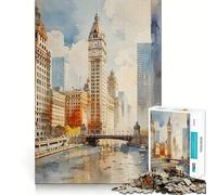 Puzzle 1000 pièces pour Adultes,Motif Aquarelle de la rivière Chicago,décor Facile à Nettoyer,Jouet d'exercice cérébral,Jeu Amusant pour Un Moment de détente ou Un Anniversaire (50x75cm)