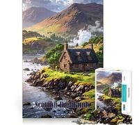 Puzzle 1000 pièces pour Adultes, Motif Chalet des Highlands écossaises, Jeu de réflexion Amusant et Stimulant, pour Noël (50x75cm)