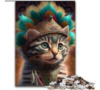 Puzzle 1000 pièces pour Adultes, Motif Chat Guerrier Indien, en Bois, activités Amusantes à la Maison, Cadeau d'anniversaire, Cadeau de Voyage, 1000 pièces(50x75cm)