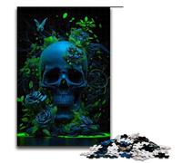 Puzzle 1000 pièces pour Adultes Motif crâne Bleu et Fleurs Vertes à Monter soi même Idéal comme Cadeau de Noël pour Les Adolescents de 14 Ans et Plus Dimensions 75x50cm
