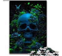 Puzzle 1000 pièces pour Adultes, Motif crâne Bleu et Fleurs Vertes, en Carton, Cadeau pour Hommes et Femmes, idéal pour Les Occasions Quotidiennes et spéciales, 1000 pièces(26x38cm)