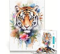 Puzzle 1000 pièces pour Adultes,Motif Floral Tigre Aquarelle,Jeu de réflexion Amusant avec Technologie de découpe Laser avancée,défi Stimulant pour Passer Le Temps (38x26cm)