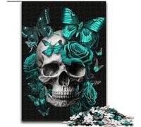 Puzzle 1000 pièces pour Adultes, Motif tête de Mort et Papillon Vert, en Bois, idéal pour la Famille et Les Amis, défi cérébral 1000 pièces(50x75cm)