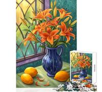 Puzzle 1000 pièces pour Adultes Nature Morte Florale avec lys Orange et Citrons Jeu éducatif pour Les Anniversaires Jeu Relaxant Collection d'artistes Beaux-Arts Format 50x75cm