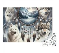 Puzzle 1000 pièces pour Adultes Nuit Loups Attrape-rêves - Loup Attrape-rêves Lune, qualité supérieure, épais, Robuste, Vibrant, Difficile, Antidote au Stress, Cadeau Familial 38x26cm/1000pcs