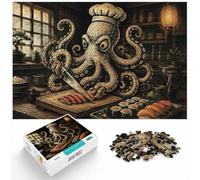 Puzzle 1000 pièces pour Adultes, Octopus Chef Preparing Sushi Woodcut Art | Pour des fêtes tranquilles : ce puzzle adulte 1000 pièces associe idée cadeau et passion du puzzle.