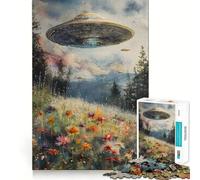 Puzzle 1000 pièces pour Adultes OVNI au-Dessus d'un Champ de Fleurs, décoration soignée, Jeu de Construction, Jeu de Paix, Cadeau d'anniversaire (50x75cm)