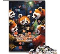 Puzzle 1000 pièces pour Adultes Panda Roux Jouant au Poker Puzzle en Bois Interaction familiale et Cadeau Amusant, Design Abstrait Dynamique (Taille 50x75cm)