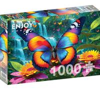 Puzzle 1000 pièces pour Adultes - Papillon Arc-en-Ciel et Fleurs près d'une Cascade | Finition Mate antireflet | Puzzle Amusant et exigeant | 68 x 48 cm | Cadeau Original | Enjoy
