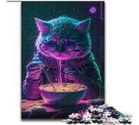 Puzzle 1000 pièces pour Adultes Pat Le Chat Mangeant des Ramen en Bois, pour Les Parents, Les Amoureux et Les Amis à partir de 14 Ans 50x75cm pour Un Anniversaire, des Vacances