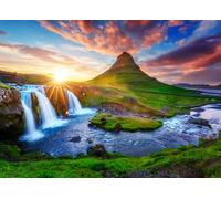 Puzzle 1000 pièces pour adultes - Paysage islandais avec cascade Kirkjufellsfoss et montagne Kirkjufell au lever du soleil - Motif naturel - Œuvre d'art de voyage européenne (70 x 50 cm)