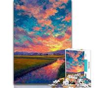 Puzzle 1000 pièces pour Adultes, Peinture à l'huile Coucher de Soleil, Jouets de Divertissement Familial avec Affiche et fiche de Questions-réponses (Taille 38x26cm)