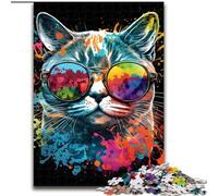 Puzzle 1000 pièces pour Adultes, Peinture colorée en Bois, Motif Chat, idéal pour Un Cadeau d'anniversaire, de Noël ou de Vacances 50x75cm.