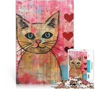 Puzzle 1000 pièces pour Adultes Peinture de Chat de la Saint-Valentin avec des cœurs Jeux de détente décoration Murale 50x70cm