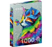 Puzzle 1000 pièces pour Adultes - Peinture d'un Chat Arc-en-Ciel et d'un Papillon | Finition Mate antireflet | Puzzle Amusant et exigeant | 68 x 48 cm | Cadeau Original | Enjoy