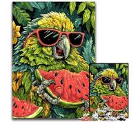 Puzzle 1000 pièces pour Adultes Perroquet Mangeant Une pastèque Puzzles en Bois Jeux éducatifs, avec Affiche et fiche de Questions-réponses pour Les 14 Ans et Plus 50x75cm