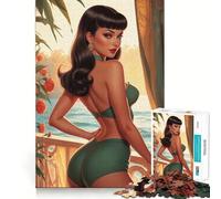Puzzle 1000 pièces pour Adultes Pin-up Brune en Bikini Vert Découpe précise Jeu de réflexion et de détente Cadeau Artistique de Noël (50x75cm)