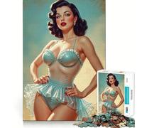 Puzzle 1000 pièces pour Adultes Pin-up Brune en Maillot de Bain Bleu Découpe Nette Jeu de réflexion Amusant pour Passer Le Temps Cadeau d'anniversaire (38x52cm)