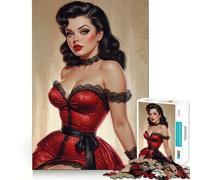 Puzzle 1000 pièces pour Adultes Pin-up Brune en Robe Rouge Découpe précise Jeu de réflexion et de détente Cadeau Artistique de Noël (38x26cm)