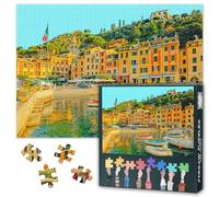 Puzzle 1000 pièces pour adultes - Portofino Italie Vue panoramique sur la baie, maisons colorées, art du paysage de ville côtière ligure (27,5 x 19,7 pouces)