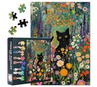 Puzzle 1000 pièces pour adultes - Puzzle à thème chat noir et fleurs (68 x 40 cm), puzzle défi en fleurs sauvages pour adultes, jeu familial pour hommes et femmes