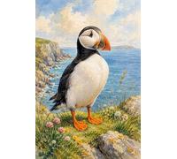 Puzzle 1000 Pieces pour Adultes, Puzzle en Bois avec Macareux et Côte Aquarelle