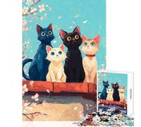 Puzzle 1000 pièces pour Adultes Quatre Chats sous Les cerisiers en Fleurs Jeu Relaxant et Stimulant décoration intérieure Jouet décompressant et intellectuel (50x75cm)