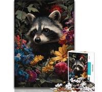 Puzzle 1000 pièces pour Adultes Raton Laveur Fleurs, Jouet éducatif et décompressant, idéal comme Cadeau pour Toute la Famille 38x26cm