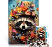 Puzzle 1000 pièces pour Adultes “Raton Laveur Portant Un Chapeau Haut de Forme Fleuri” Fait de Bois,Convient aux 14 Ans et Plus Jeux en Famille Cadeaux du Père Noël Secret。Taille:50x75cm