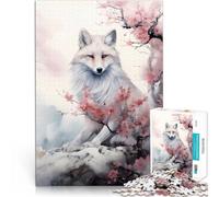 Puzzle 1000 pièces pour Adultes Renard Blanc en Fleurs de Cerisier Analyse et logique Convient pour la décoration de Bureau 38x26cm