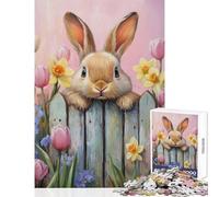 Puzzle 1000 pièces pour Adultes,représentant Un Lapin Qui Regarde par-Dessus Une clôture Décoration,Jouet,œuvre d'art,Cadeau,Jeu en Famille avec Poster et fiche de Questions Assortis 38x52 cm