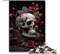 Puzzle 1000 pièces pour Adultes, Roses Rouges, crâne, en Bois, activité Amusante à Faire à la Maison, 50x75cm, décoration Artistique à Faire soi-même, Cadeau d'anniversaire idéal