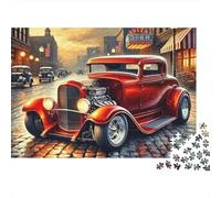 Puzzle 1000 pièces pour Adultes Rue de Hot Rod Classique Hot Rod Rouge Rue pavée Coucher de Soleil Premium Épais Solide Vibrant Défiant Soulagement du Stress Jeu Familial Cadeau 70x50cm/1000pcs