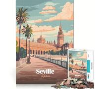 Puzzle 1000 pièces pour Adultes Séville, Espagne Affiche de Voyage Découpe Nette Jeu de Concentration Cadeau Jeu pour Passer Le Temps Scène de Noël Art (38x26cm)