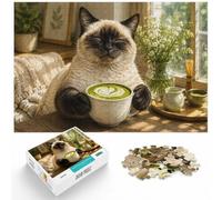 Puzzle 1000 pièces pour Adultes, Siamese Cat Holding Matcha Latte | Pour une activité qui demande de la patience : ce puzzle adulte 1000 pièces peut se faire seul ou se partager.