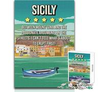 Puzzle 1000 pièces pour Adultes - Sicile - Affiche de Voyage Humoristique - Design élégant - Jeu de décoration idéal - Anti-Stress - Dimensions : 50x75cm