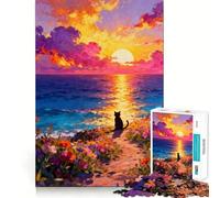 Puzzle 1000 pièces pour Adultes Silhouette de Chat au Coucher du Soleil avec Vue sur l'océan Découpe précise Jeu de réflexion et de détente Cadeau Artistique de Noël (38x26cm)