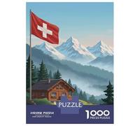 Puzzle 1000 Pièces pour Adultes Swiss Chalet with Flag and Mountains Puzzle Adulte - Jeu De Réflexion - Vacances À La Maison - Tuer Le Temps - Faire Travailler Son Cerveau 70x50cm/1000pcs