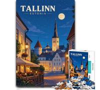 Puzzle 1000 pièces pour Adultes, Tallinn, Estonia Nightscape Illustration | Pour un loisir d'hiver sans écran : Puzzle 1000 pièces adulte ; pour Noël, les w nds d'hiver et le Nouvel An.