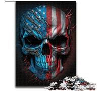 Puzzle 1000 pièces pour Adultes, tête de Mort avec Drapeau américain, en Bois, pour Une Interaction familiale et Un défi cérébral, 1000 pièces(50x75cm)