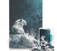 Puzzle 1000 pièces pour Adultes Tigre Blanc sur Rocher Jouet Anti-Stress Niveau de difficulté Difficile avec liste de souhaits du Père Noël 50x75cm