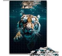 Puzzle 1000 pièces pour Adultes Tigre Plongeant dans l'eau Bleue en Bois, idéal pour Les Anniversaires, Noël et Halloween 50x75cm Décoration Artistique DIY, Cadeau d'anniversaire idéal
