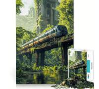 Puzzle 1000 pièces pour Adultes Train à Travers des ruines envahies par la végétation Assemblage Parfait Jeu d'art et de réflexion Cadeau Jeu Lent Décoration Murale de Noël (50x75cm)