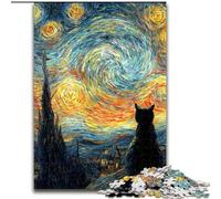Puzzle 1000 pièces pour Adultes Van Gogh Ciel Nocturne Chat Noir, Jeux éducatifs Décoration d'intérieur Convient pour la décoration de Bureau (Taille 50x75cm)
