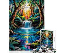 Puzzle 1000 pièces pour Adultes Vitrail Cascade Merveille Un Chemin Lumineux à Travers la forêt enchantée (Jeu Pratique Défi Difficile Décoration intérieure Jouet Cadeau d'anniversaire)