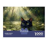 Puzzle 1000 Pièces Pour Adultes Whimsical Black Cat Peeking from Water Lily Pond - Impressionistic Digital Art Puzzles Pour Adultes - Anti-stress - Défi À Relever - Idée Cadeau Anti-stress 52x38cm/100