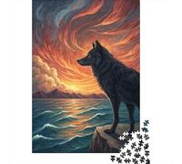 Puzzle 1000 Pièces pour Adultes, Wolf Overlooking A Dramatic Sunset Over The Ocean, 70x50cm/1000pcs; Pièces en Carton Blanc pour La Table; À Poursuivre sans Se Presser