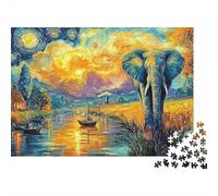 Puzzle 1000 Pièces pour Hommes Femmes Adultes, Coucher de Soleil sur l'Éléphant, Reflet d'Éléphant, Forêt Dorée, Premium Épais Robustes, Défi Difficile Antistress Cadeau Famille 70x50cm