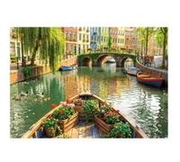 Puzzle 1000 pieces promenade sur les canaux d'amsterdam pays bas - fleurs ville europe - set puzzle classique adulte + carte